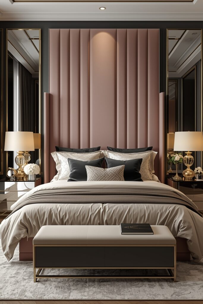 Elegant bedroom with a stylish upholstered headboard and luxury bedding.