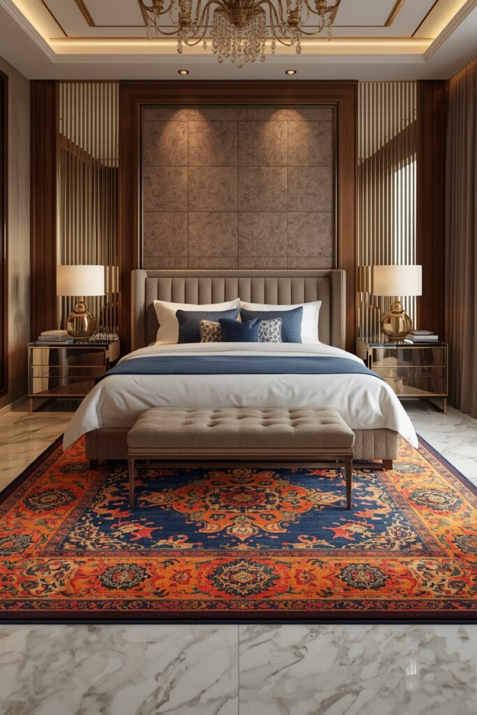 Luxury bedroom with a colorful designer area rug adding warmth and texture.