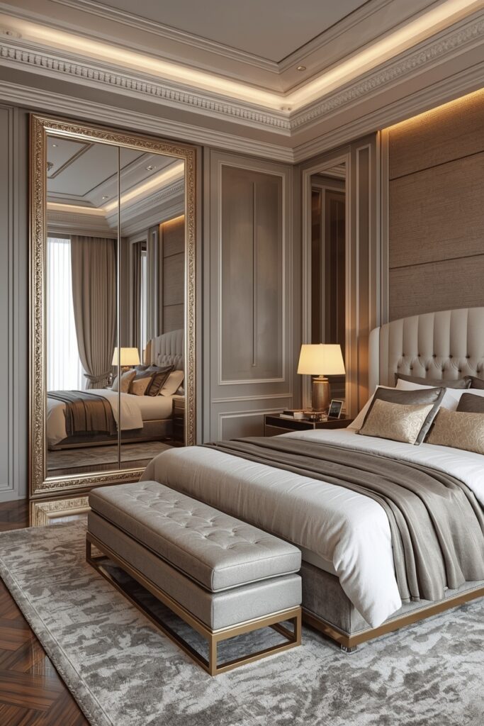 Luxury bedroom with a large decorative mirror and mirrored wardrobe creating a brighter, more spacious look.