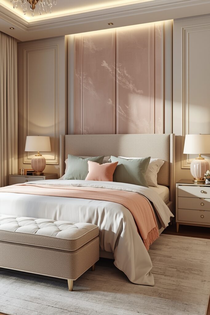 Elegant bedroom with soft pastel cushions and a pastel throw adding gentle color accents.