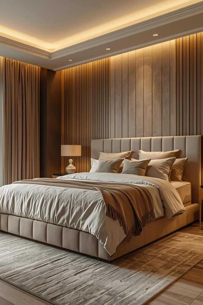 Luxury cozy bedroom with plush bedding and soothing neutral colors designed for comfort.