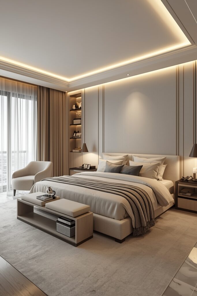 Minimalist luxury bedroom with clean organization and clutter-free decor.