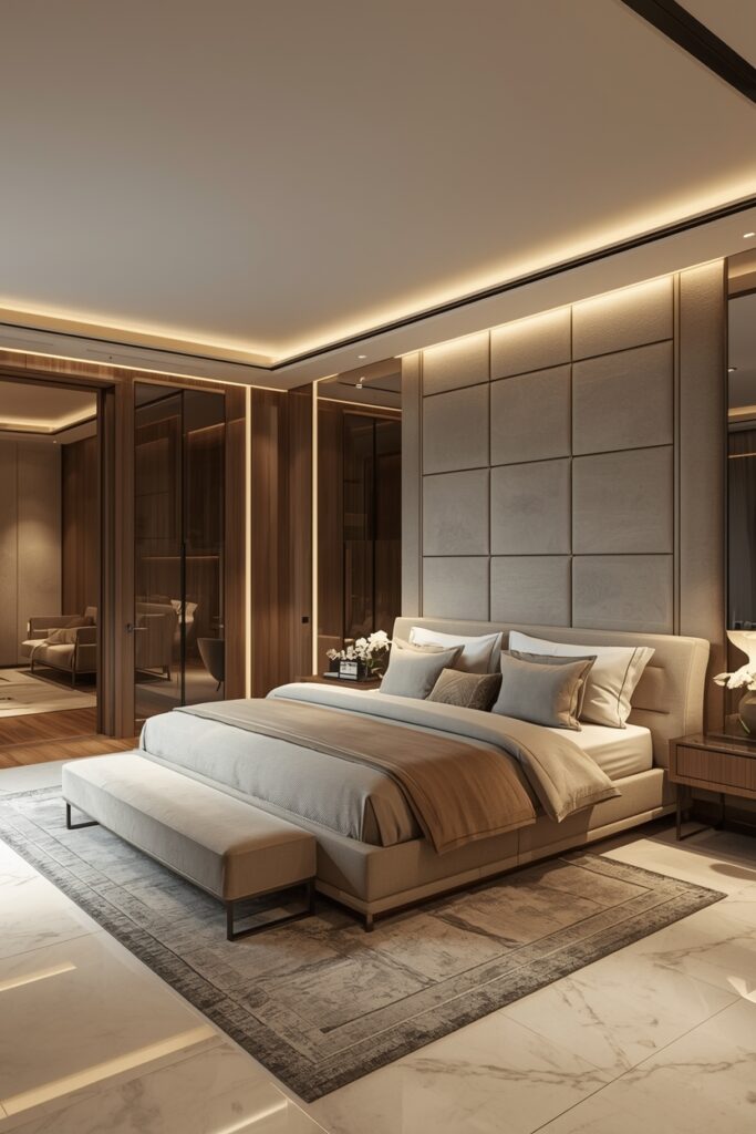 Minimalist luxury bedroom with clean-lined furniture and built-in storage for a clutter-free space.