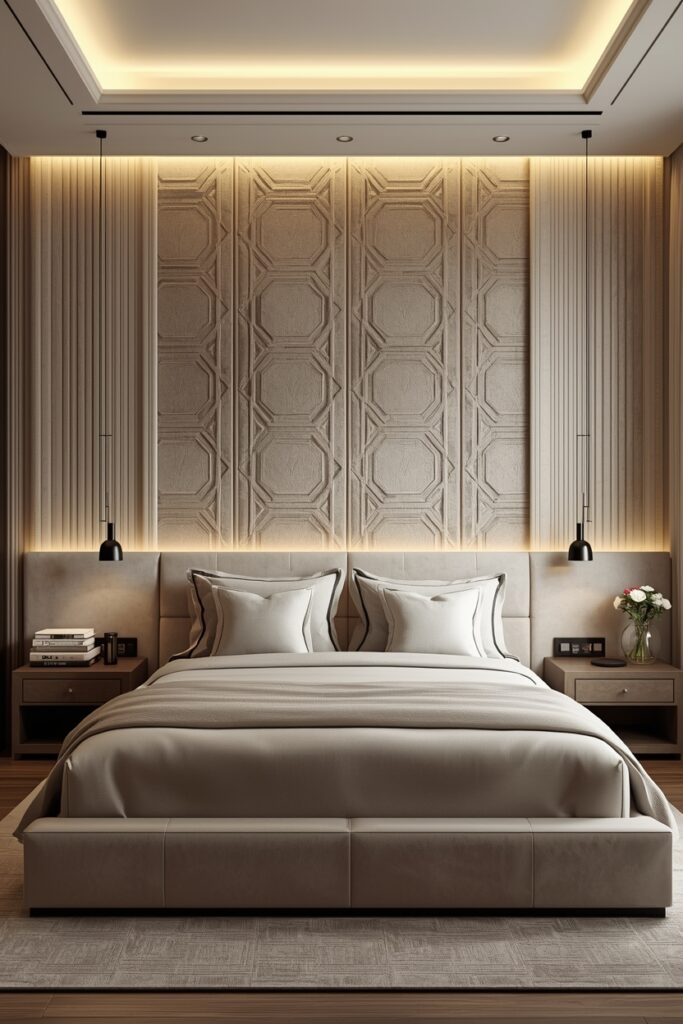 Modern bedroom with a stylish textured accent wall behind the bed.