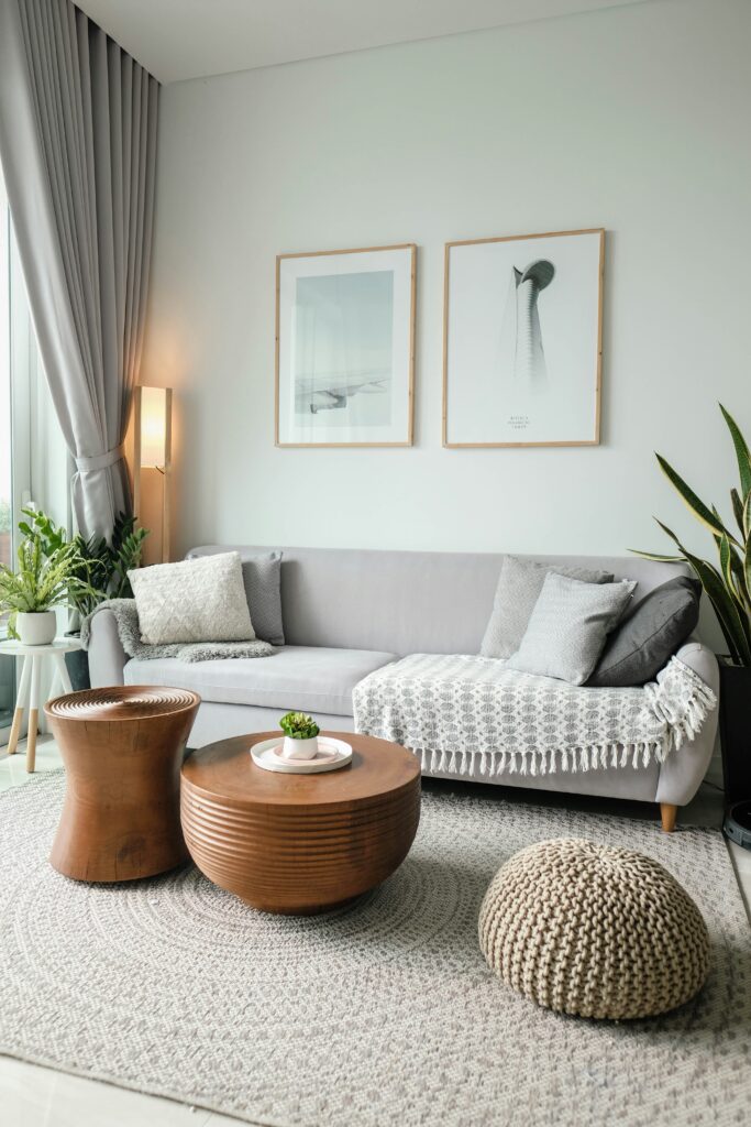 DIY home decor ideas for living room with handmade cushions and indoor plants