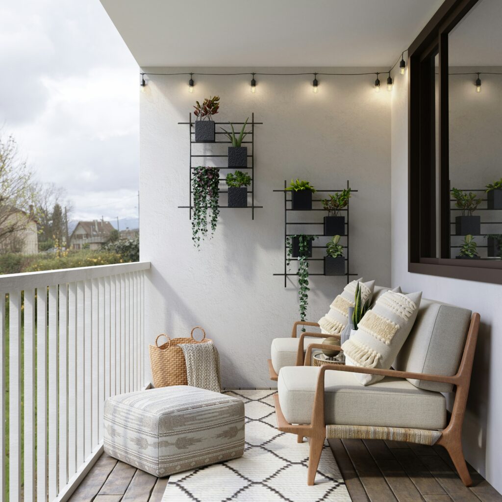 Balcony home decor ideas for small apartments with compact seating and plants