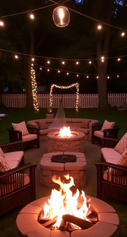  Backyard wedding lounge around fire pit, glowing flames, cushioned seating, cozy intimate atmosphere