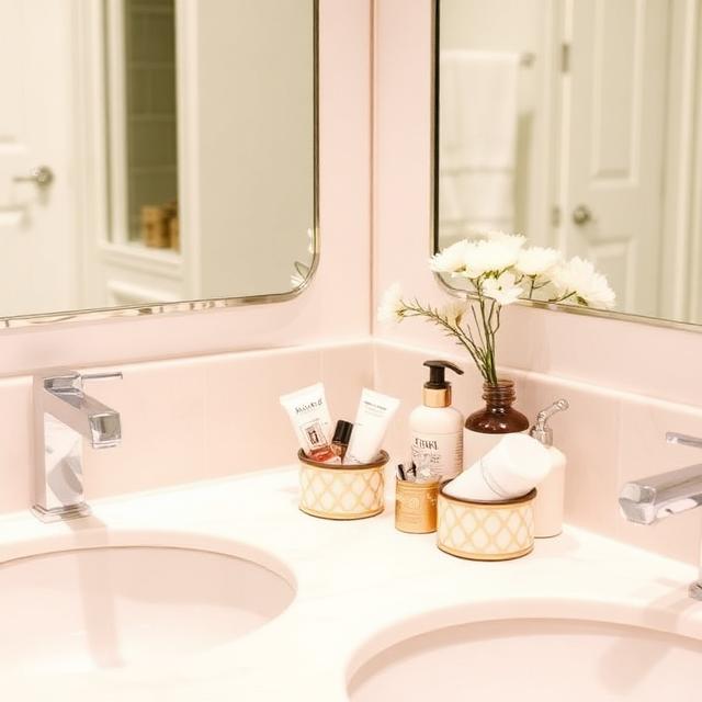 Bathroom countertop with decorative containers holding toothbrushes, soap, and skincare products, neat and tidy.
