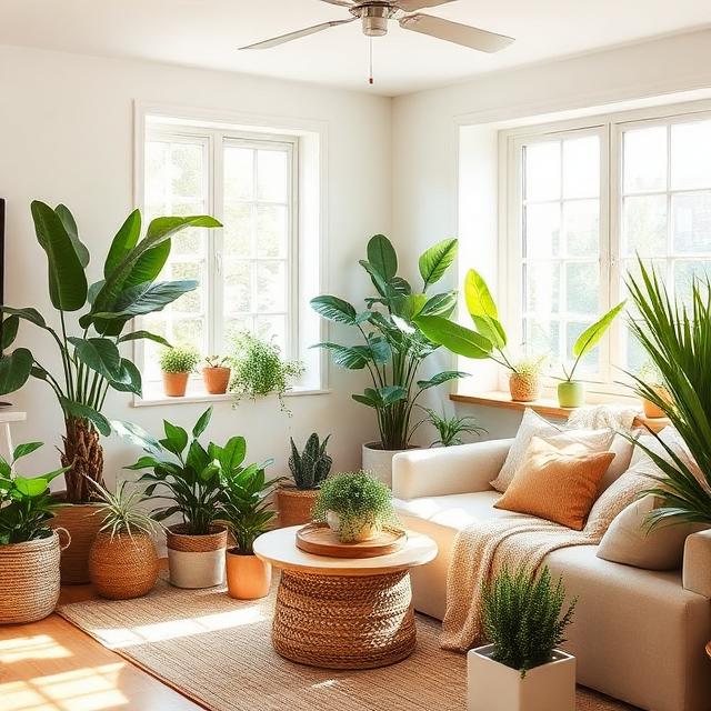 Cozy living room filled with green indoor plants, natural light, modern spring decor, earthy tones