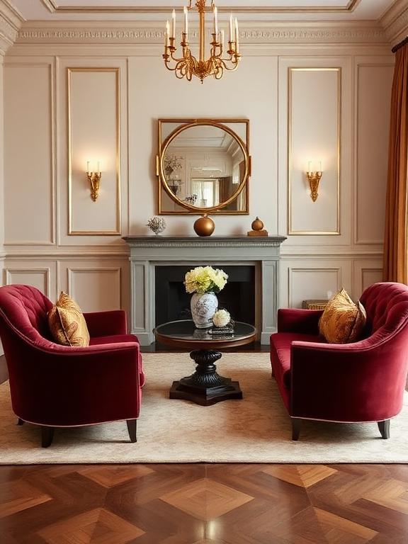 Symmetrical living room layout, twin velvet chairs, central coffee table, gold accents, elegant deco styling.