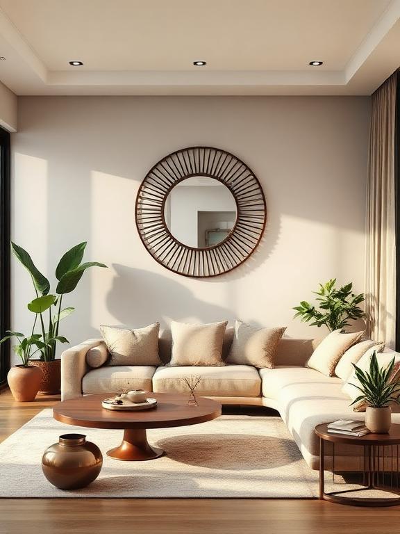 Modern living room with decorative round mirror reflecting sunlight, curved sofa, indoor plants, neutral Japandi decor, luxury interior photography