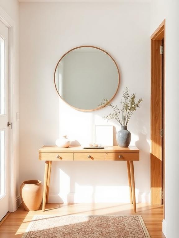 Japandi entryway with minimal console table, round mirror, neutral decor, soft sunlight, indoor plant, warm wooden accents.