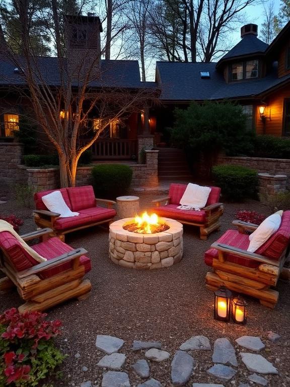 Rustic front yard with log seating around a stone fire pit, outdoor blankets, lanterns, surrounded by trees and shrubs, cozy evening setting"