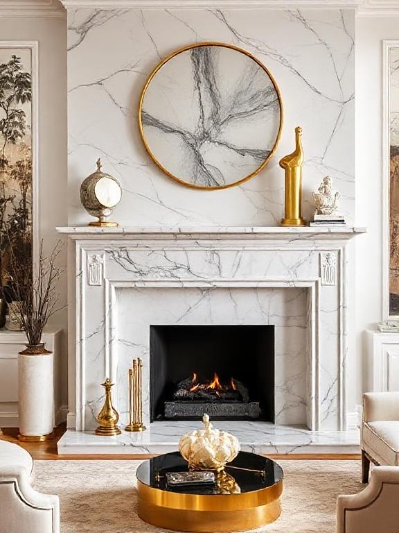 Marble fireplace surround, sculptural decor, gold accents, cozy yet elegant art deco living room.