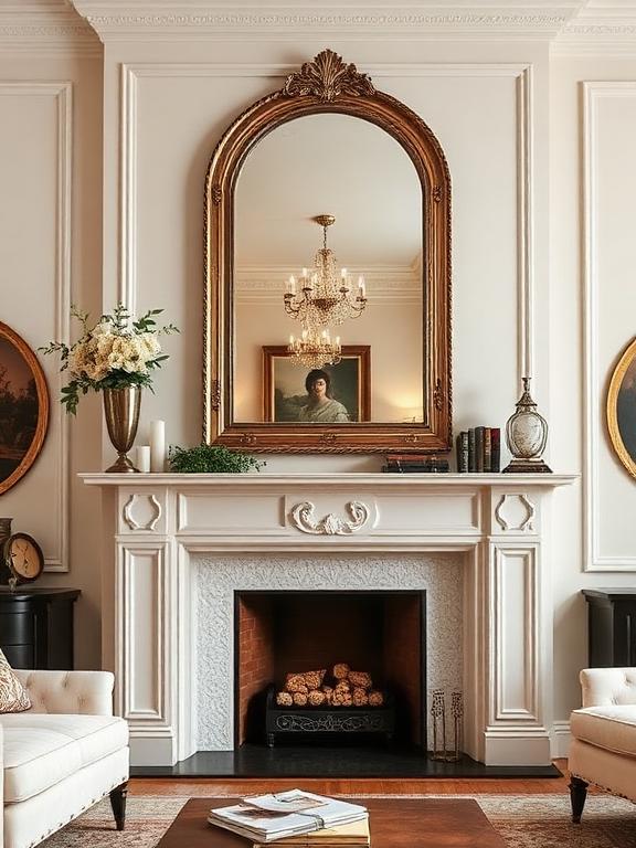 22 Mirror Wall Decor Ideas for Living Room Large mirror above fireplace mantel, reflecting cozy and elegant living room decor.