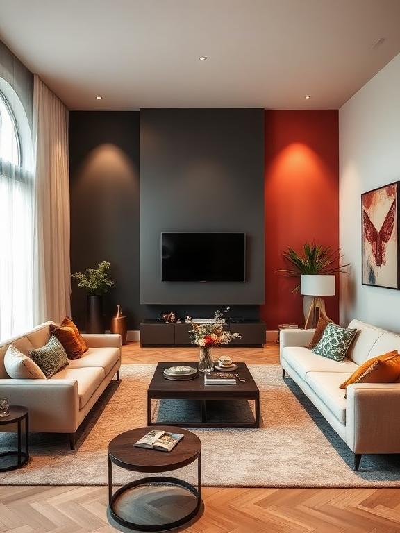  Living room with bold accent wall, modern furniture, stylish decor, dramatic lighting