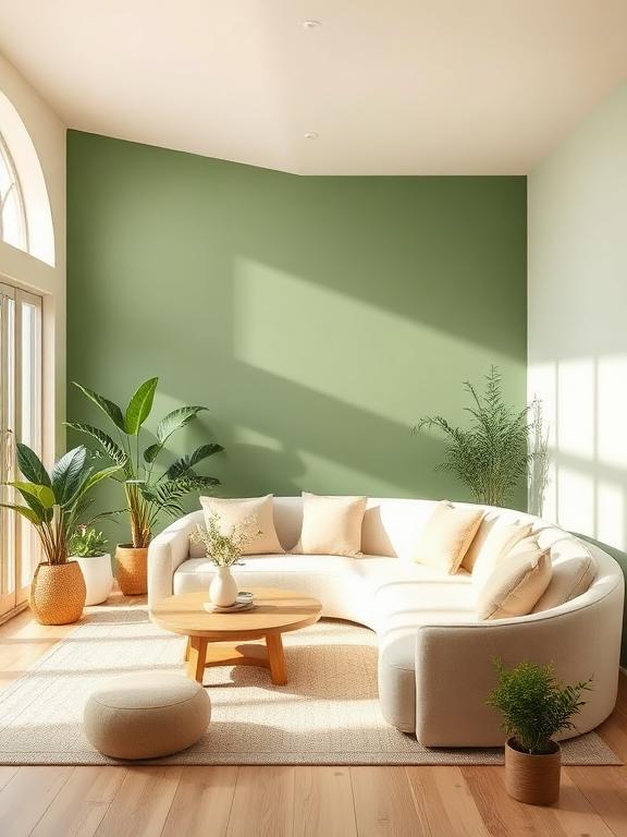Japandi living room with sage green accent wall, off-white curved sofa, soft textures, indoor plants, warm sunlight