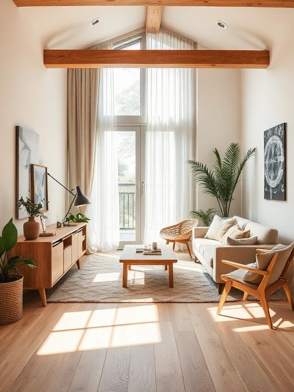  Modern interior with natural wood furniture, neutral decor, warm and inviting feel