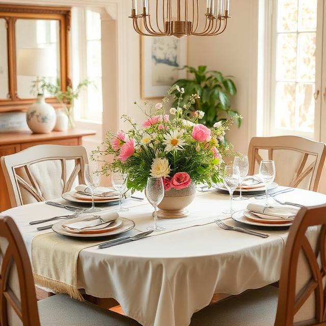 Dining table with spring centerpiece, light table runner, fresh flowers, bright natural light
