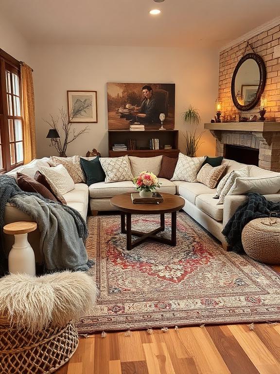 Cozy living room with layered rugs, throw blankets, textured cushions, warm lighting