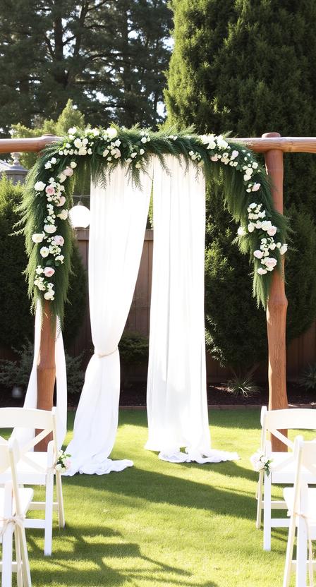  Rustic wooden wedding arch with white drapery and greenery, backyard garden ceremony, natural light, soft pastel flowers, intimate wedding vibe.