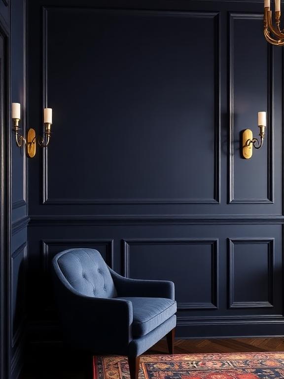 Navy geometric wall molding, brass wall sconces, velvet armchair, moody lighting, luxury modern art deco interior.
