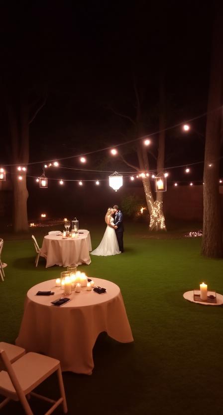 Outdoor backyard wedding dance floor under string lights, bride and groom dancing, starry night sky, romantic atmosphere.