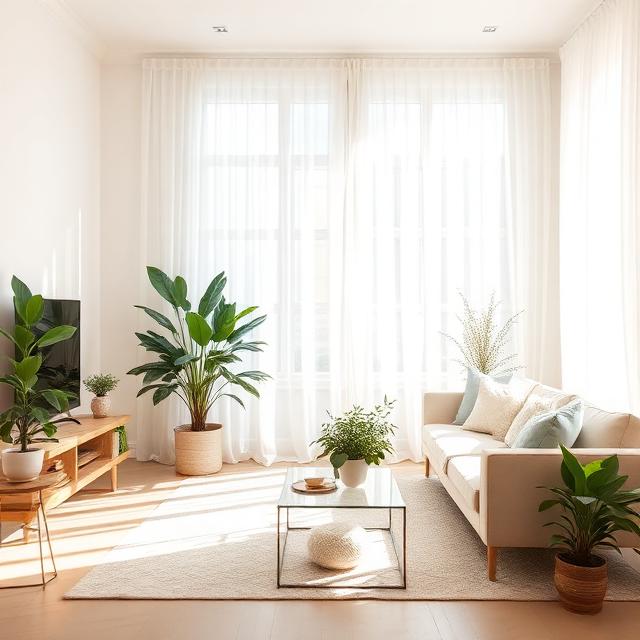 Bright living room with sheer white curtains, sunlight streaming in, airy spring decor, neutral furniture, fresh plants, soft shadows, realistic interior photography