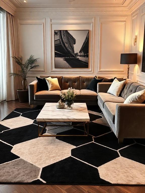 Black and cream geometric rug, velvet sofa, marble coffee table, warm lighting, elegant deco living room