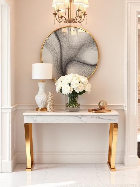 Glam entryway table, marble console, gold accents, crystal lamp, fresh white flowers, blush decor tones, luxury interior photography, bright lighting