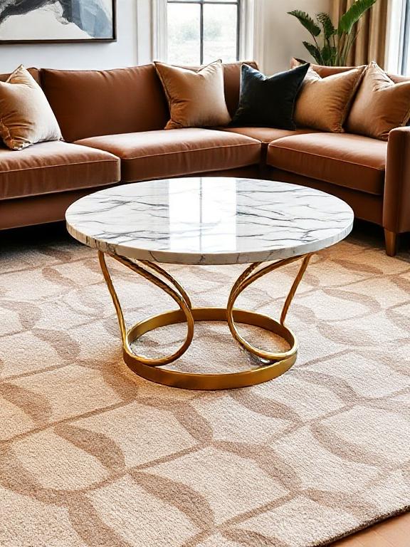  Round marble coffee table, curved gold base, geometric rug, velvet seating, modern deco styling.