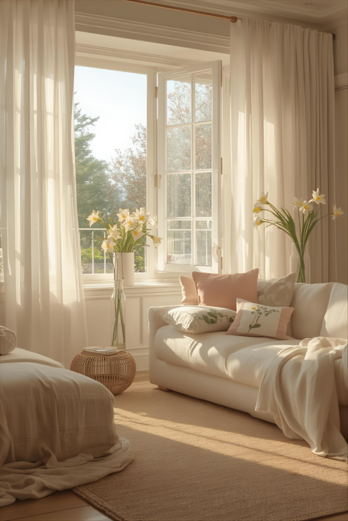 Sunlit living room, open windows, sheer curtains, spring decor