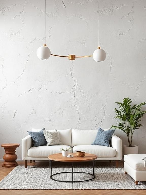  Living room with textured plaster wall, neutral decor, modern furniture, soft natural lighting