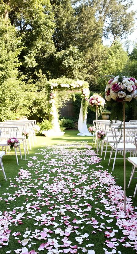  Backyard wedding aisle with scattered petals and floral arrangements, lush greenery, soft natural daylight, romantic garden vibe