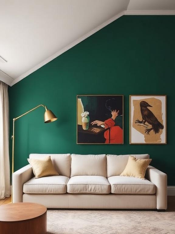  Emerald green accent wall, cream velvet sofa, brass floor lamp, abstract art, moody luxury interior photography.