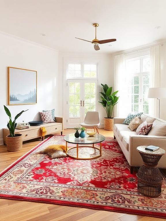  Living room with bold statement rug, neutral furniture, stylish decor