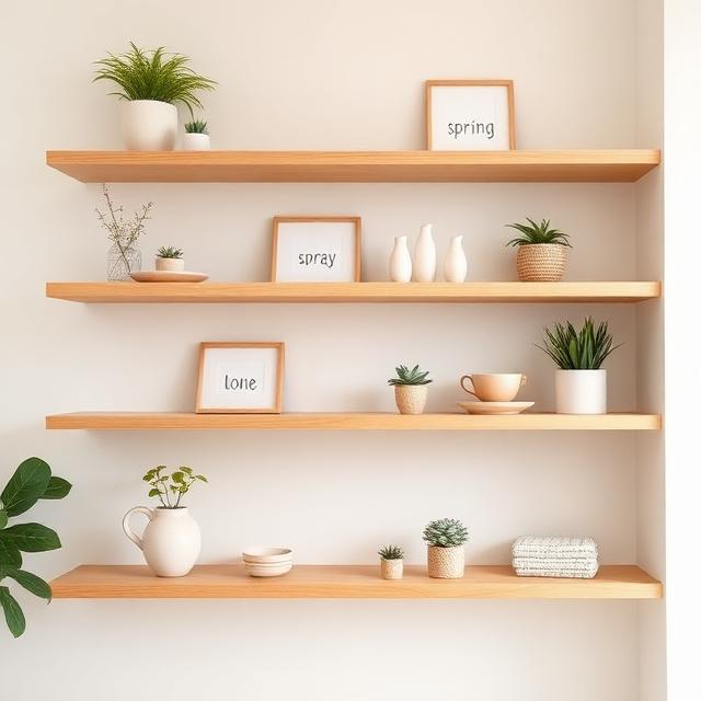 Minimalist open shelves with spring decor, small plants, neutral ceramics, bright and clean interior