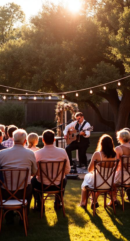 Small acoustic band performing at backyard wedding in Texas, USA, warm golden sunlight, intimate wedding guests seated on wooden chairs, romantic outdoor garden setting, elegant décor, cinematic photography, Pinterest style.