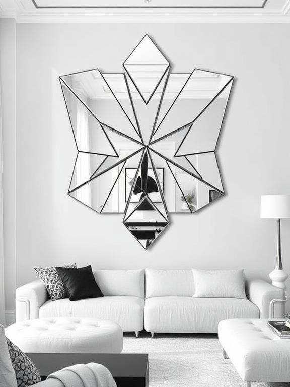 22 Mirror Wall Decor Ideas for Living Room Geometric-shaped mirror wall art with angular designs in a contemporary monochrome living room.