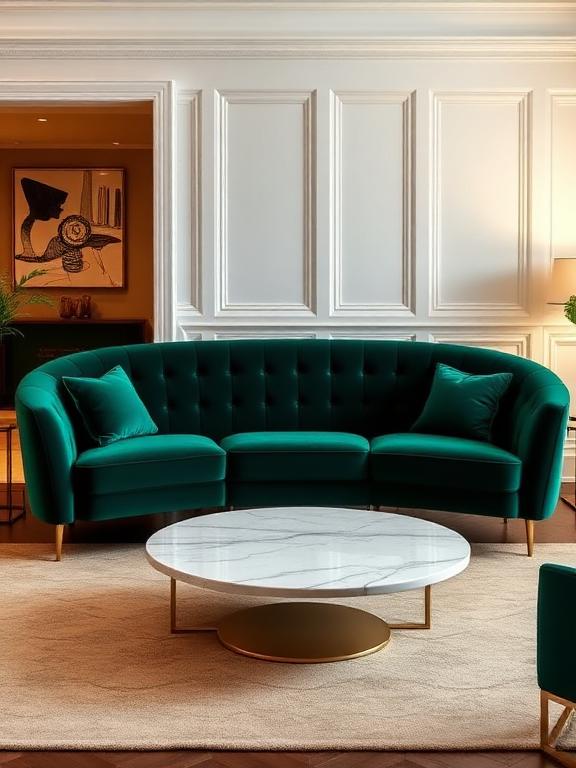 Emerald velvet curved sofa, gold metal legs, round marble coffee table, geometric rug, warm ambient lighting, modern art deco living room, high-resolution interior photography.