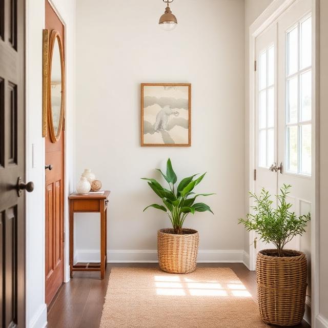 Entryway with light decor, small plant, woven basket, spring vibe, natural lighting