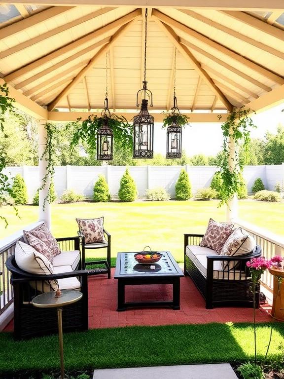 Front yard gazebo with cushioned seating, coffee table, hanging lanterns, climbing plants, large lawn, bright sunny day