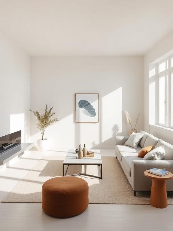 Minimalist living room with neutral colors, simple furniture, clean lines, bright natural light
