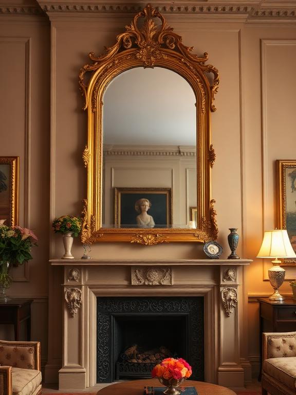 22 Mirror Wall Decor Ideas for Living Room Antique gold ornate framed mirror above a classic fireplace, reflecting warm tones in an elegant living room.