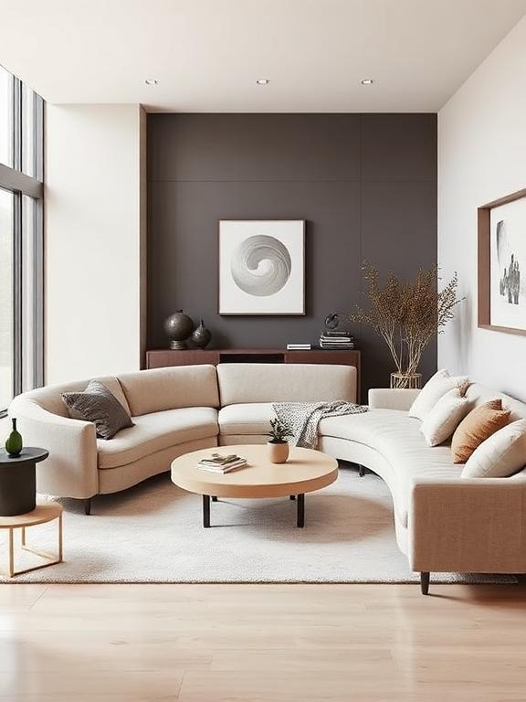 Modern living room with a curved sofa, round coffee table, neutral tones, soft lighting, stylish and minimal decor