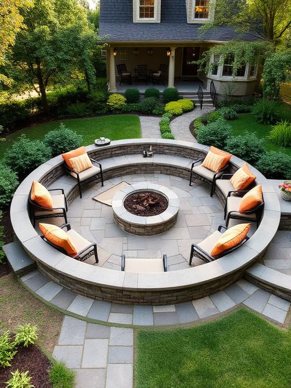 Circular stone patio with built-in seating, throw pillows on seats, central fire pit, lush greenery surrounding, traditional front yard, soft morning light"