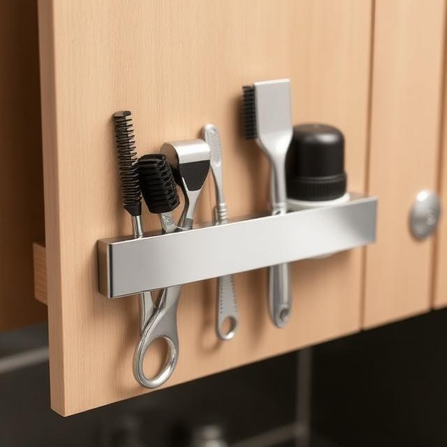 Bathroom cabinet door with magnetic strip holding tweezers, nail clippers, and bobby pins, organized and tidy.