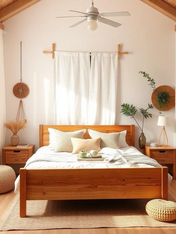  Boho bedroom with wooden bed frame, neutral bedding, natural decor, airy lighting