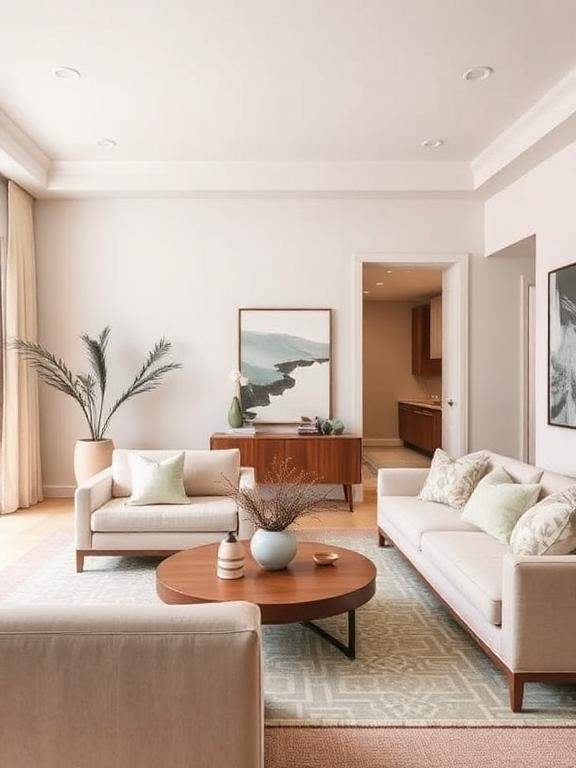 Home interior showing coordinated neutral color theme across living space, beige, ivory, sage accents, modern Japandi style.
