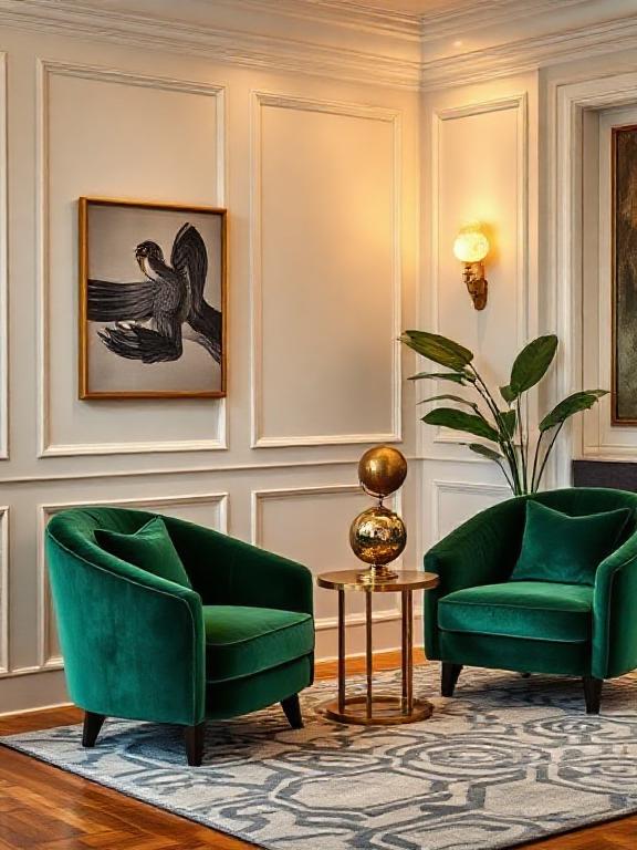 Curved velvet accent chairs in emerald green, small brass side table, globe lamp, geometric rug, warm lighting, modern art deco living room.